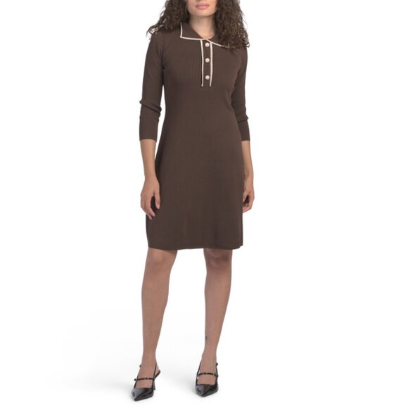 NANETTE NANETTE LEPORE Tan Multi Collared Sweater Dress With Faux Pearl Buttons - Picture 1 of 2